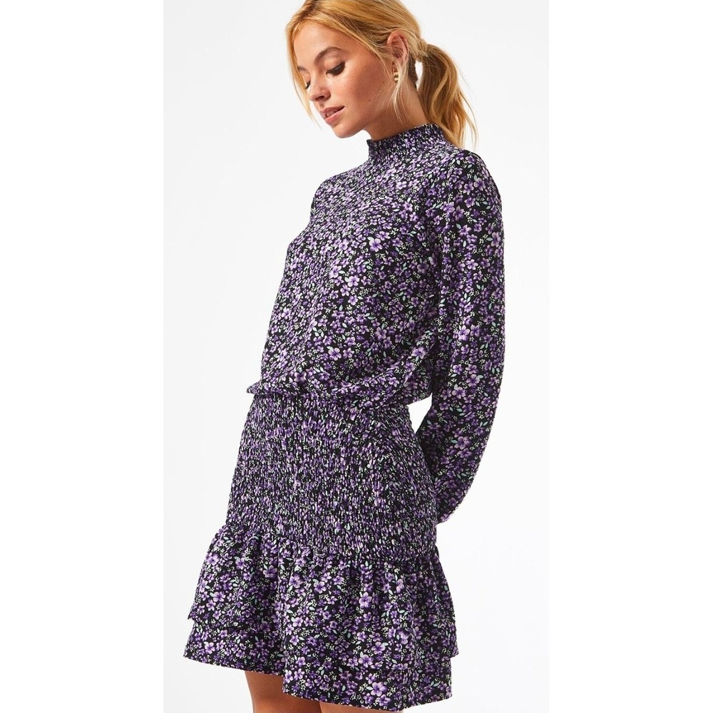 Dorothy Perkins Petite Floral Smocked Mini Dress Purple Lilac High Neck US 6 NWT